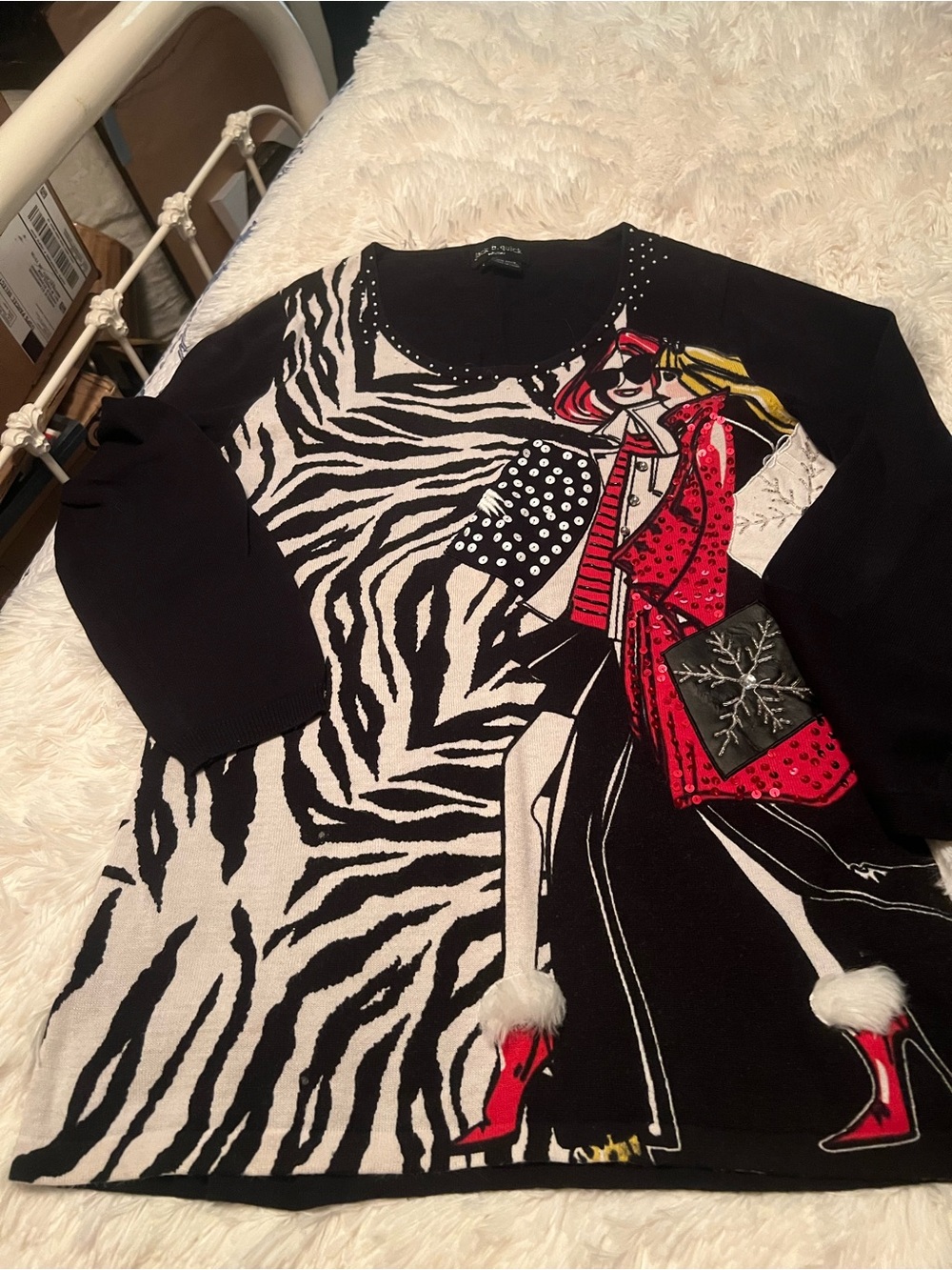 Graphic Zebra-Print Crewneck Sweater with Red Accent